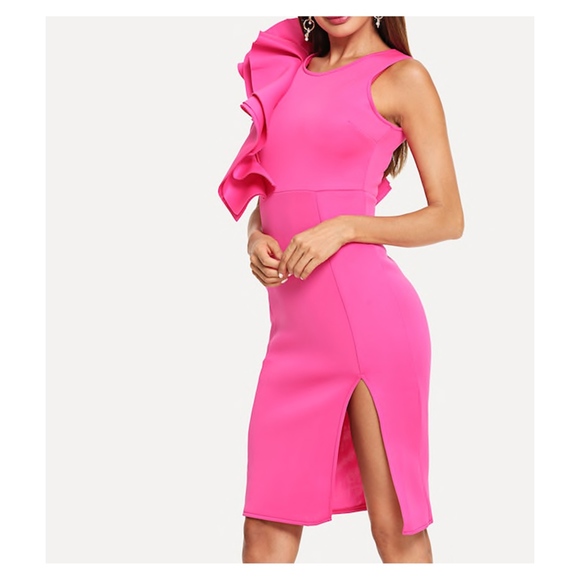 Fuchsia Pink Ruffle Sleeveless Side Slit Dress - Picture 2 of 5